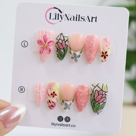 Handmade Pink press on nails with Tulip, Floral & Bow, Medium Almond luxury handmade nail art, false nails, pressons — perfect for Holiday, Vacation, Birthday