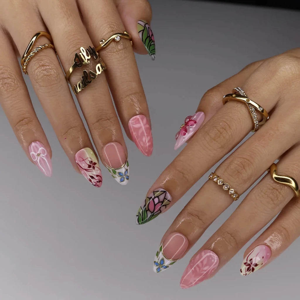 Handmade Pink press on nails with Tulip, Floral & Bow, Medium Almond luxury handmade nail art, false nails, pressons — perfect for Holiday, Vacation, Birthday