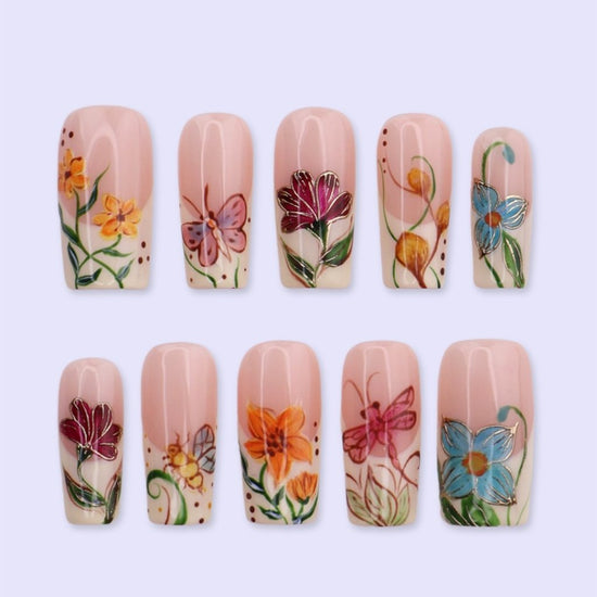 Handmade Orange press on nails with Floral Garden & Butterfly, Medium Square luxury handmade nail art, false nails, pressons — perfect for Holiday, Vacation, Birthday