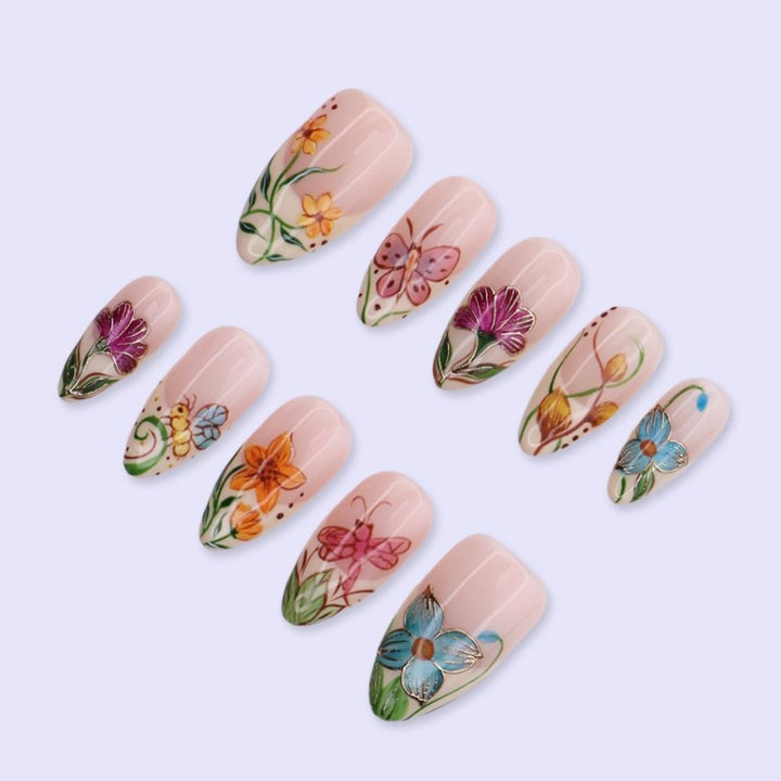 Handmade Orange press on nails with Floral Garden & Butterfly, Medium Almond luxury handmade nail art, false nails, pressons — perfect for Holiday, Vacation, Birthday