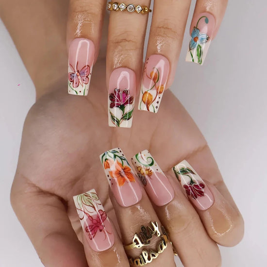Handmade Orange press on nails with Floral Garden & Butterfly, Medium Square luxury handmade nail art, false nails, pressons — perfect for Holiday, Vacation, Birthday
