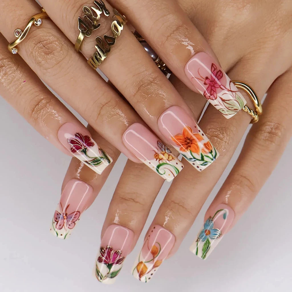 Handmade Orange press on nails with Floral Garden & Butterfly, Medium Square luxury handmade nail art, false nails, pressons — perfect for Holiday, Vacation, Birthday