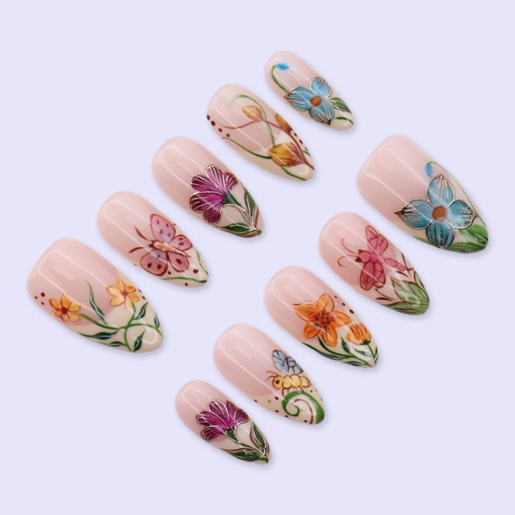 Handmade Orange press on nails with Floral Garden & Butterfly, Medium Almond luxury handmade nail art, false nails, pressons — perfect for Holiday, Vacation, Birthday