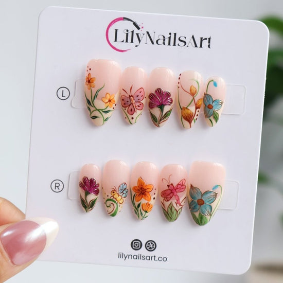 Handmade Orange press on nails with Floral Garden & Butterfly, Medium Almond luxury handmade nail art, false nails, pressons — perfect for Holiday, Vacation, Birthday