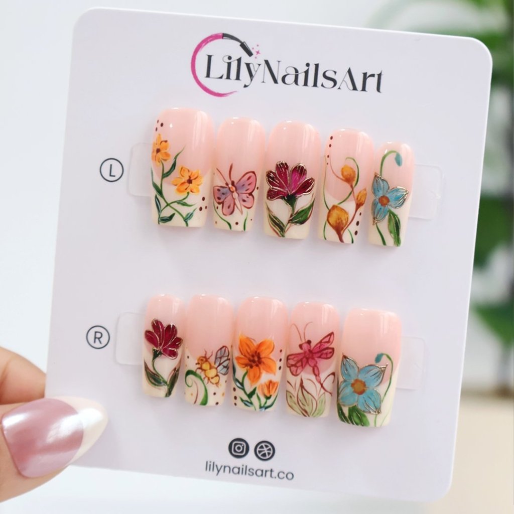 Handmade Orange press on nails with Floral Garden & Butterfly, Medium Square luxury handmade nail art, false nails, pressons — perfect for Holiday, Vacation, Birthday