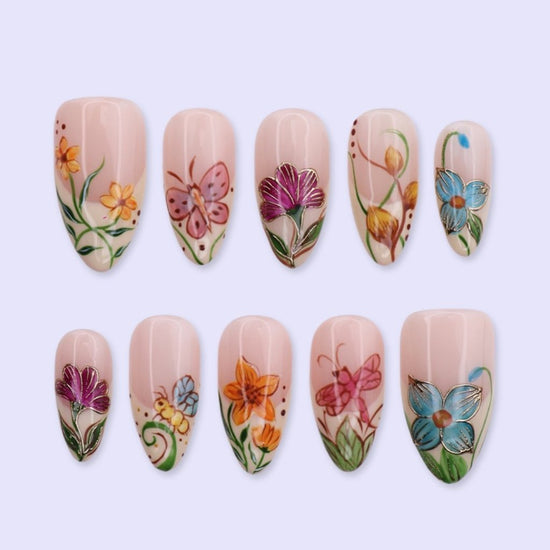 Handmade Orange press on nails with Floral Garden & Butterfly, Medium Almond luxury handmade nail art, false nails, pressons — perfect for Holiday, Vacation, Birthday