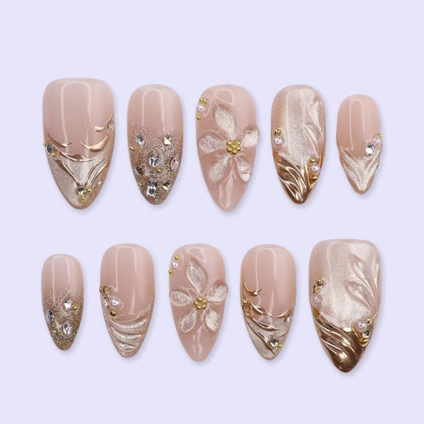 3D blush-to-gold shimmer press on nails with sculpted floral accents, embellished with crystals and pearls on a nude base — custom press on nails, luxury handmade nail art, fake nails, false nails, pressons — perfect for prom, galas, and special occasions