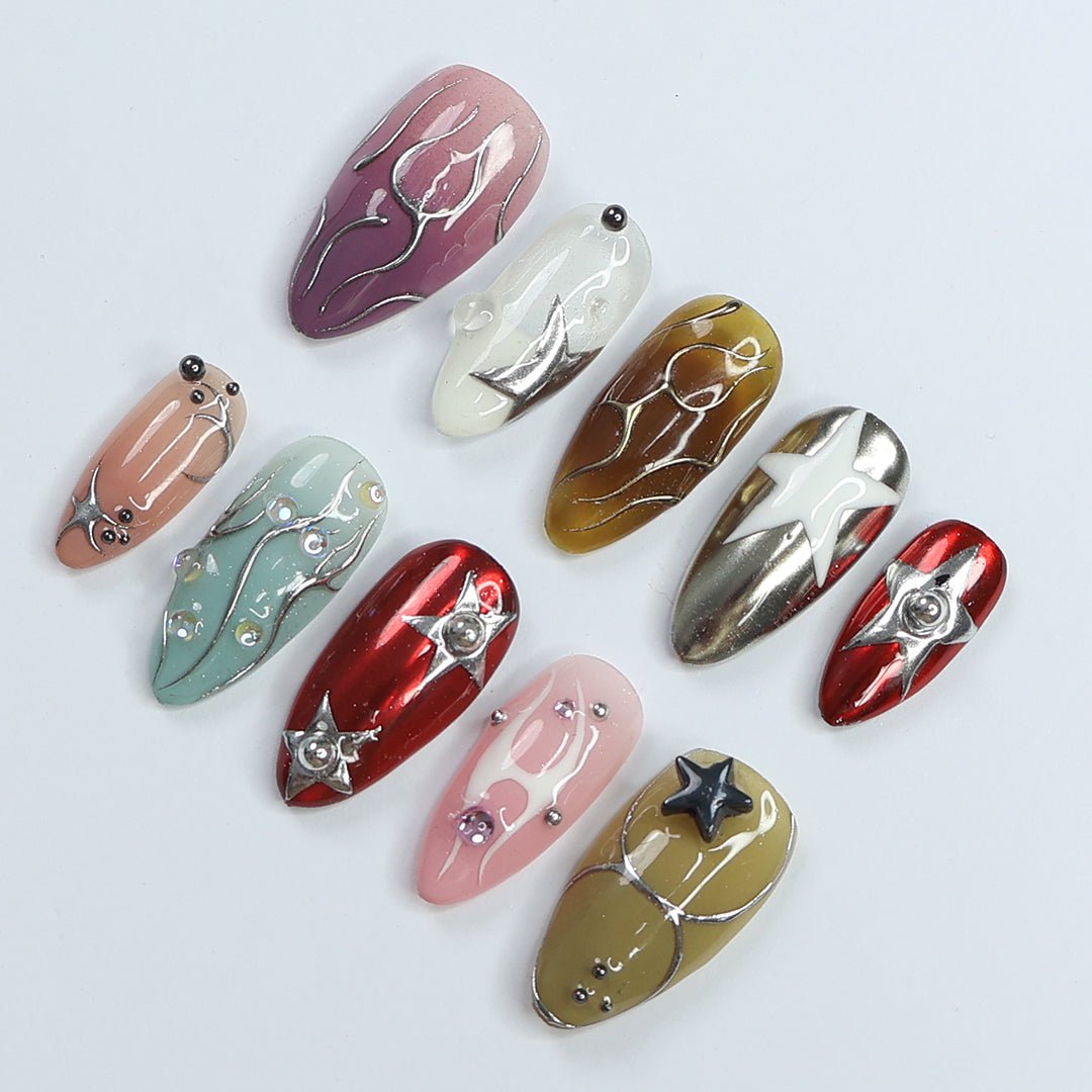 Starry Chrome 3D Press On Nails | Maximalist Nail Art In Medium
