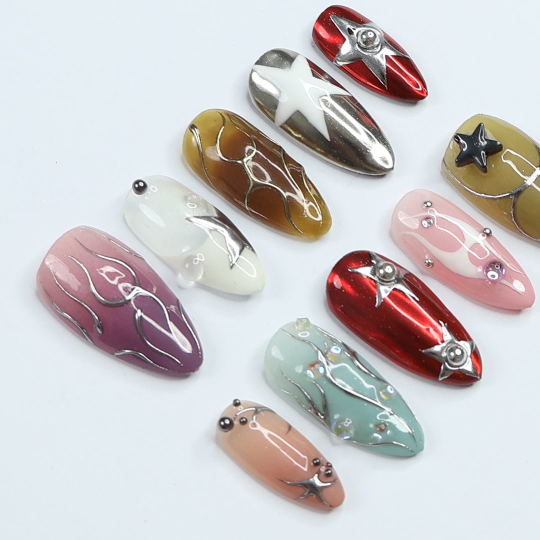 3D celestial press on nails with silver chrome star designs, gradient and metallic finishes, maximalist nail art — custom handmade luxury press on nail set, perfect for holiday parties, New Year, and special occasions