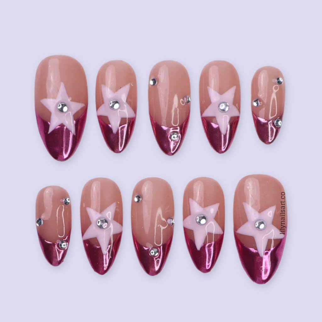 Chrome pink press-on nails with nude bases, 3D pastel star, and rhinestone crystals — handmade medium almond nails with futuristic cosmic design — perfect for parties, festivals, or bold statement looks.