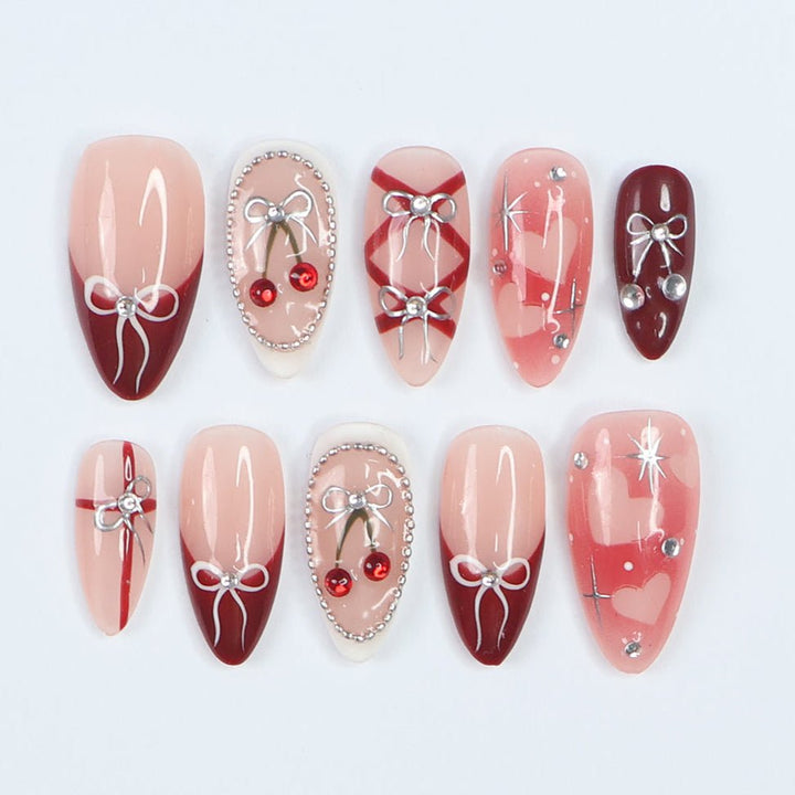 pink press on nails pink nail set valentines bows 