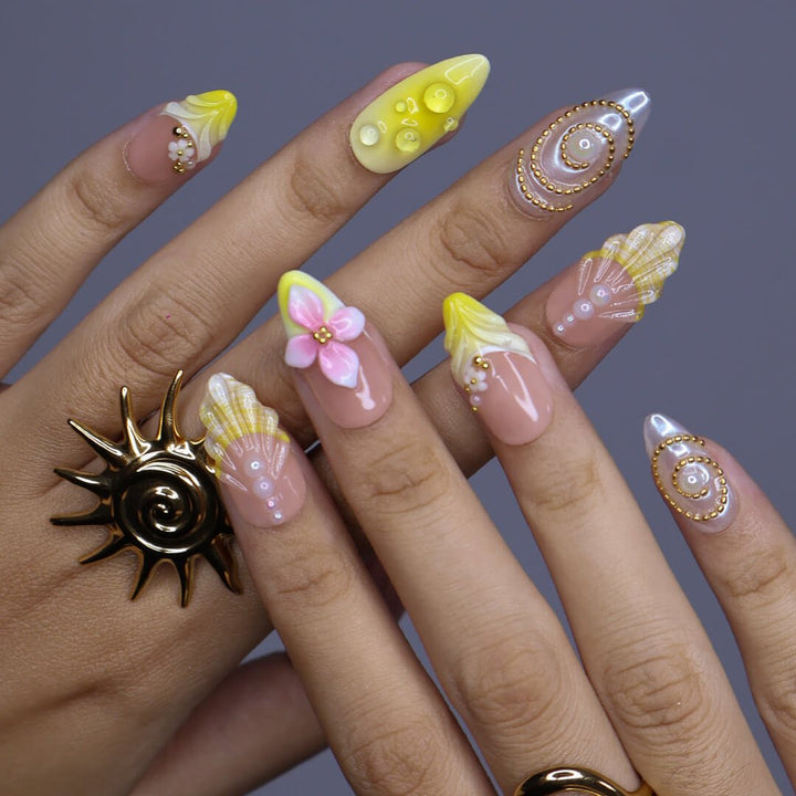 Yellow and pink summer press on nails with 3D floral — custom handmade nails  for vacation, beach days or summer holiday 