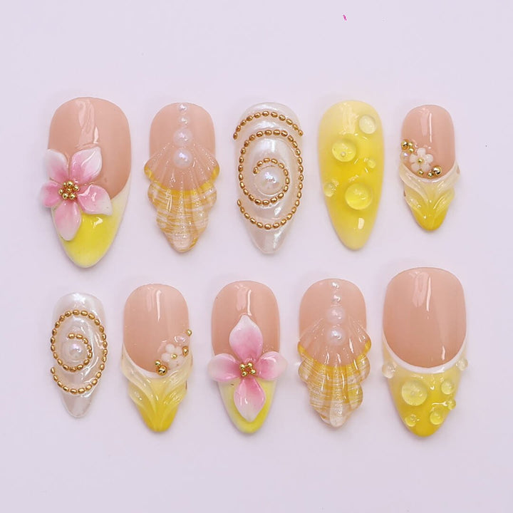 Yellow and pink summer press on nails with 3D floral — custom handmade nails  for vacation, beach days or summer holiday 