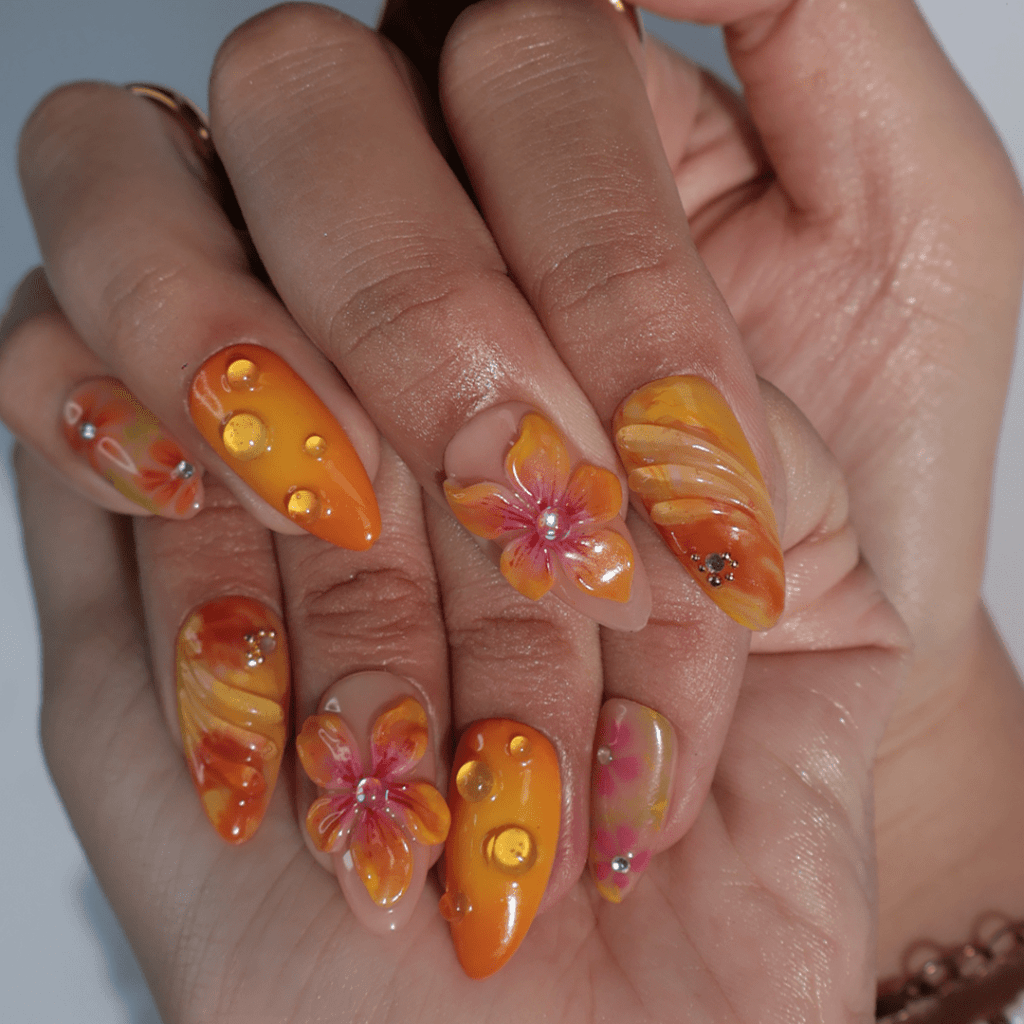 3D yellow summer press on nails with tropical floral designs, swirl textures, rhinestone accents, and glossy finishes — featuring hand-sculpted hibiscus flowers, abstract citrus details, and golden bead embellishments — summer vacation nails, beach press on nails, handmade nail art, fake nails, false nails, pressons — perfect for tropical holidays, summer events, or gifting for her.

