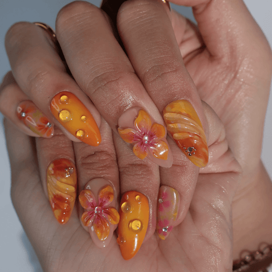 3D yellow summer press on nails with tropical floral designs, swirl textures, rhinestone accents, and glossy finishes — featuring hand-sculpted hibiscus flowers, abstract citrus details, and golden bead embellishments — summer vacation nails, beach press on nails, handmade nail art, fake nails, false nails, pressons — perfect for tropical holidays, summer events, or gifting for her.

