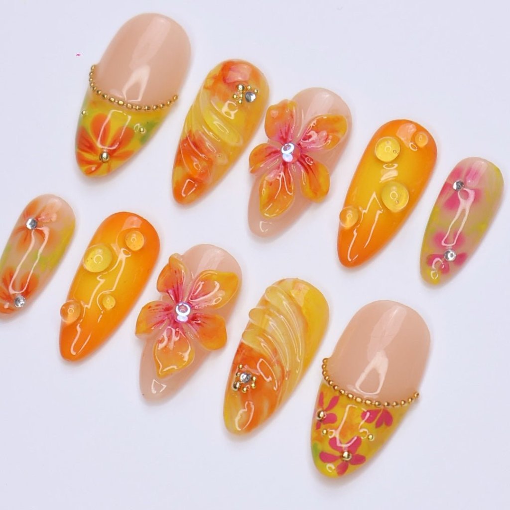 3D yellow summer press on nails with tropical floral designs, swirl textures, rhinestone accents, and glossy finishes — featuring hand-sculpted hibiscus flowers, abstract citrus details, and golden bead embellishments — summer vacation nails, beach press on nails, handmade nail art, fake nails, false nails, pressons — perfect for tropical holidays, summer events, or gifting for her.

