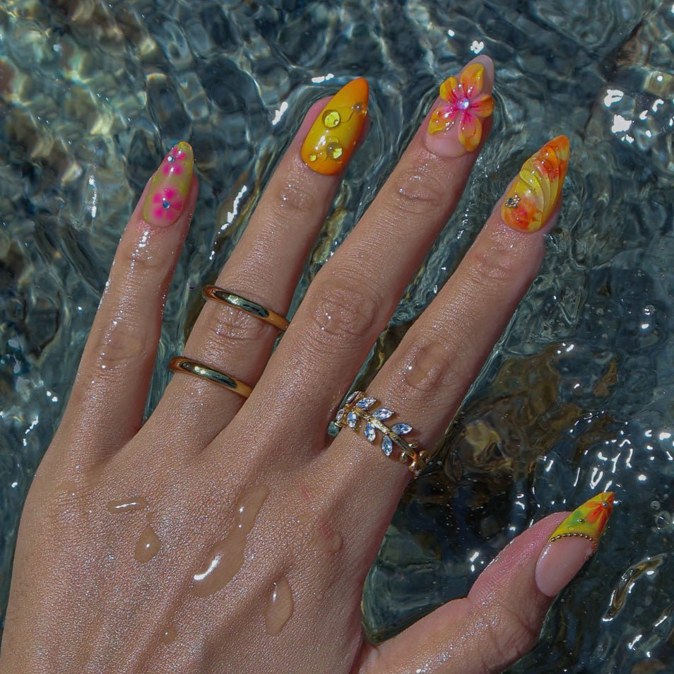 3D yellow summer press on nails with tropical floral designs, swirl textures, rhinestone accents, and glossy finishes — featuring hand-sculpted hibiscus flowers, abstract citrus details, and golden bead embellishments — summer vacation nails, beach press on nails, handmade nail art, fake nails, false nails, pressons — perfect for tropical holidays, summer events, or gifting for her.

