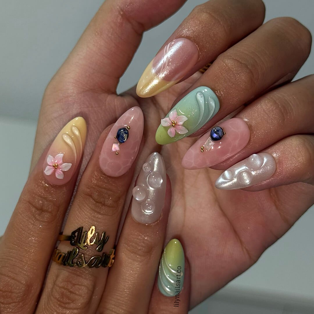 Pastel press-on nails with 3d flowers, pearlescent bubbles, ombré gradients, and glossy textures — handmade medium almond nails in pink, cream, mint, and lilac — perfect for spring weddings, soft glam looks, or romantic everyday elegance., summer holiday , vacation