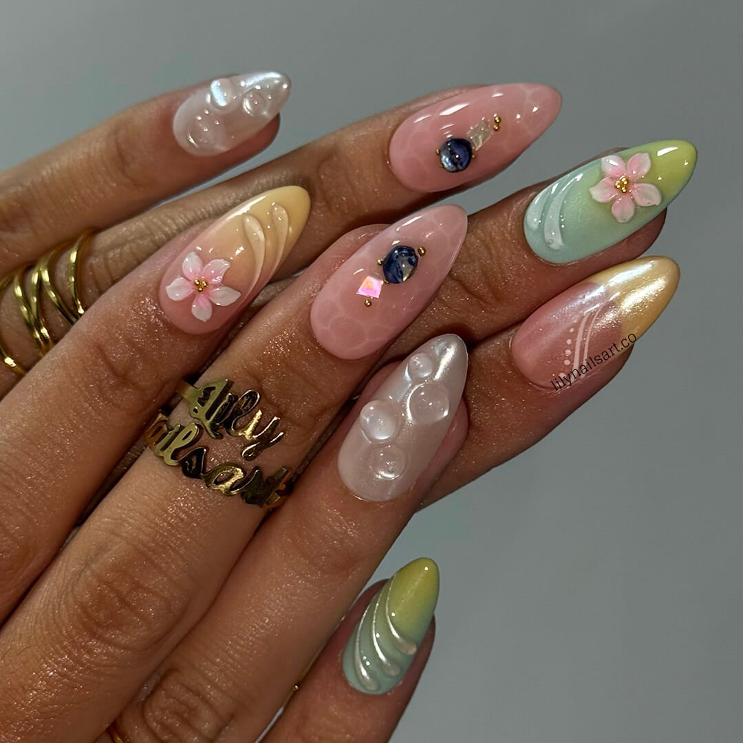 Pastel press-on nails with 3d flowers, pearlescent bubbles, ombré gradients, and glossy textures — handmade medium almond nails in pink, cream, mint, and lilac — perfect for spring weddings, soft glam looks, or romantic everyday elegance., summer holiday , vacation