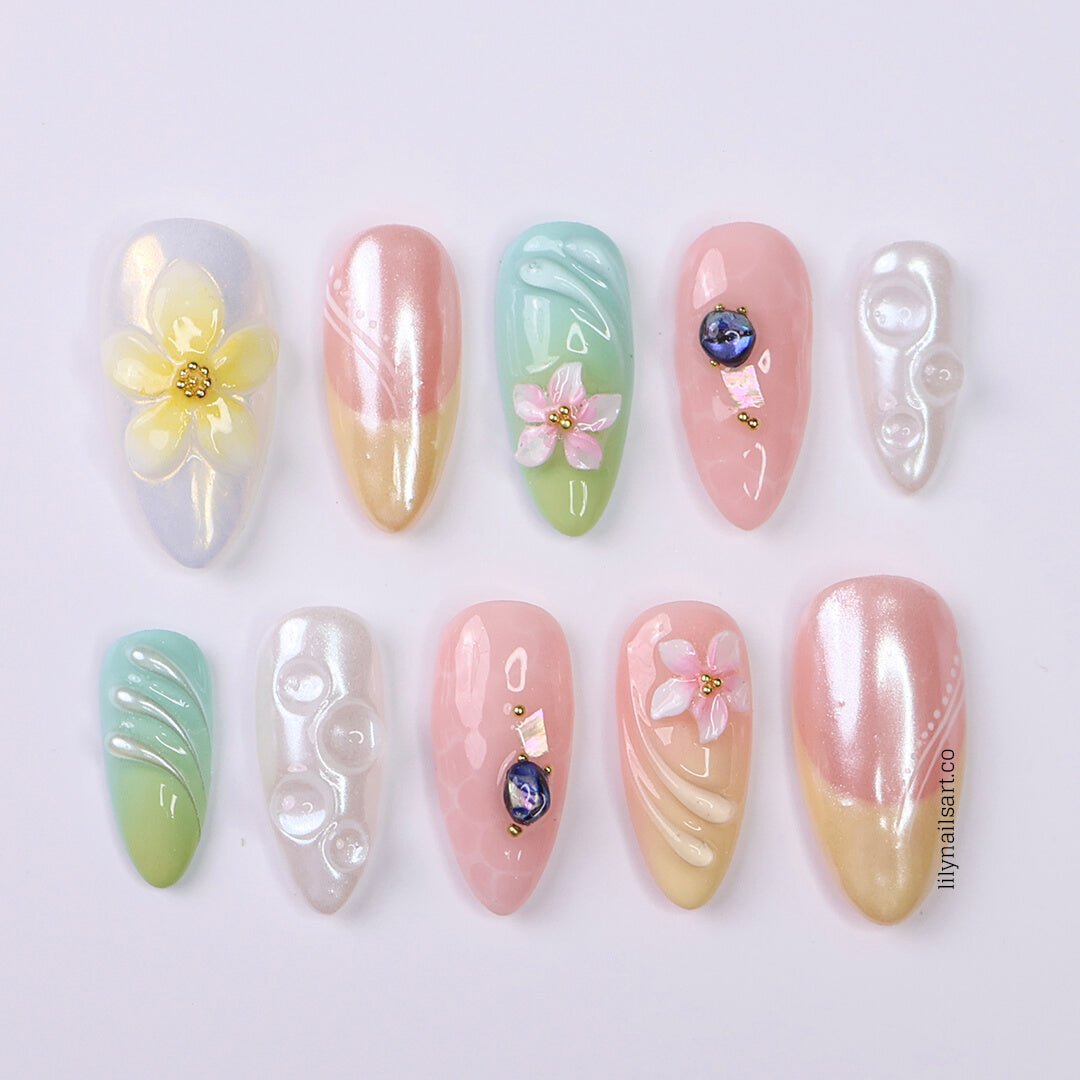 Pastel press-on nails with 3d flowers, pearlescent bubbles, ombré gradients, and glossy textures — handmade medium almond nails in pink, cream, mint, and lilac — perfect for spring weddings, soft glam looks, or romantic everyday elegance., summer holiday , vacation
