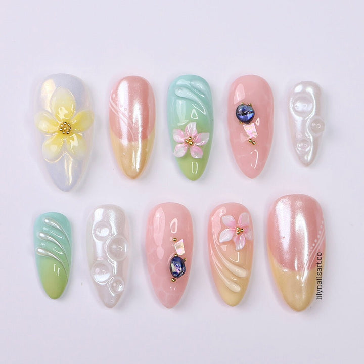 Pastel press-on nails with 3d flowers, pearlescent bubbles, ombré gradients, and glossy textures — handmade medium almond nails in pink, cream, mint, and lilac — perfect for spring weddings, soft glam looks, or romantic everyday elegance., summer holiday , vacation