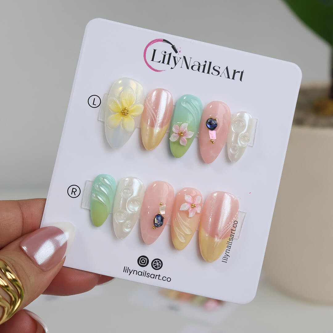 Pastel press-on nails with 3d flowers, pearlescent bubbles, ombré gradients, and glossy textures — handmade medium almond nails in pink, cream, mint, and lilac — perfect for spring weddings, soft glam looks, or romantic everyday elegance., summer holiday , vacation