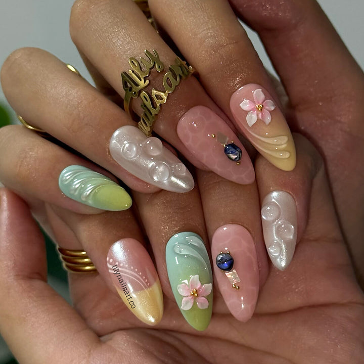 Pastel press-on nails with 3d flowers, pearlescent bubbles, ombré gradients, and glossy textures — handmade medium almond nails in pink, cream, mint, and lilac — perfect for spring weddings, soft glam looks, or romantic everyday elegance., summer holiday , vacation