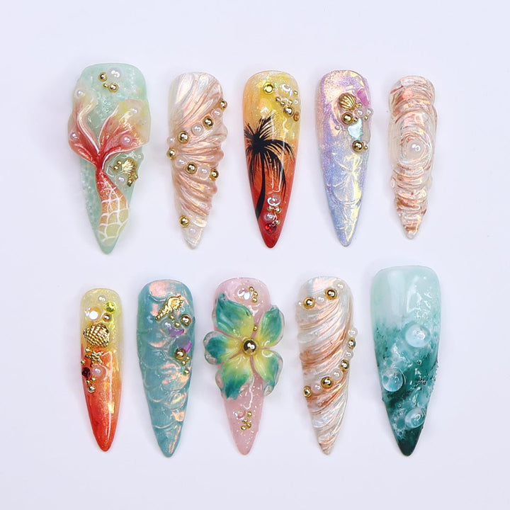 summer nails with mermaid & sunset details, best handmade press on nails for holilday, vacation, beach day