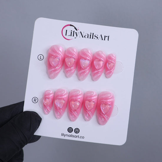 Handmade Pink Heart Press-On Nails – Valentine Collection - soft pink tones with shimmering 3D heart accents. Perfect for Valentine’s Day, anniversaries, birthdays, or as a romantic gift for her. pink press on nails sets pink hearts 3d press on nails
