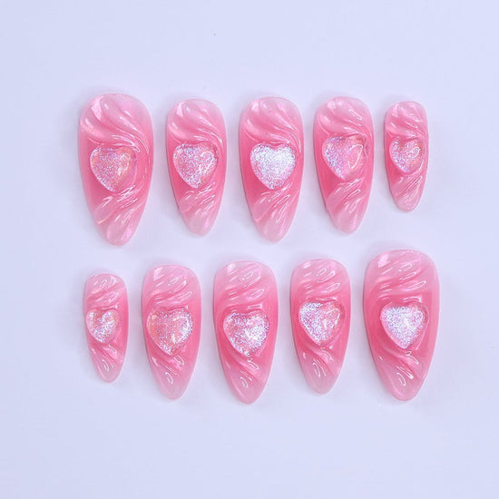 Handmade Pink Heart Press-On Nails – Valentine Collection - soft pink tones with shimmering 3D heart accents. Perfect for Valentine’s Day, anniversaries, birthdays, or as a romantic gift for her. pink press on nails pink heart press on nails 3d hearts press on nails

