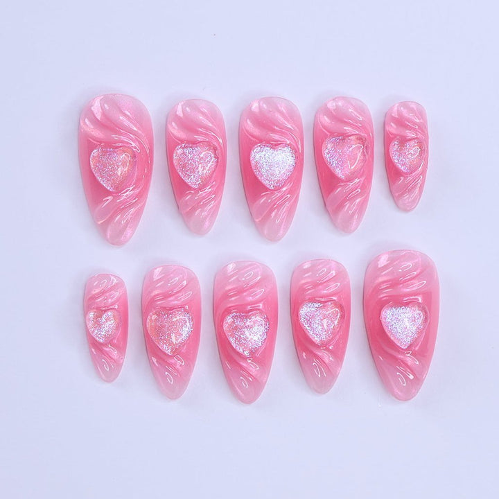 Handmade Pink Heart Press-On Nails – Valentine Collection - soft pink tones with shimmering 3D heart accents. Perfect for Valentine’s Day, anniversaries, birthdays, or as a romantic gift for her. pink press on nails pink heart press on nails 3d hearts press on nails

