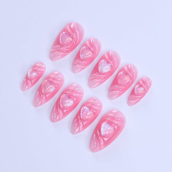 Handmade Pink Heart Press-On Nails – Valentine Collection - soft pink tones with shimmering 3D heart accents. Perfect for Valentine’s Day, anniversaries, birthdays, or as a romantic gift for her.

