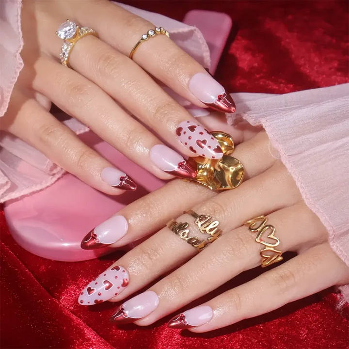 Handmade Red press on nails with Love Heart Details & French Tip, Short Almond luxury handmade nail art, false nails, pressons — perfect for Valentine Date Night 