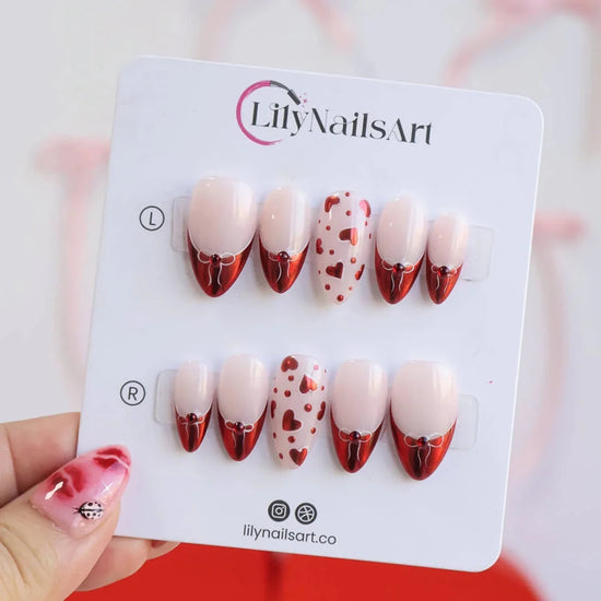 Handmade Red press on nails with Love Heart Details & French Tip, Short Almond luxury handmade nail art, false nails, pressons — perfect for Valentine Date Night 