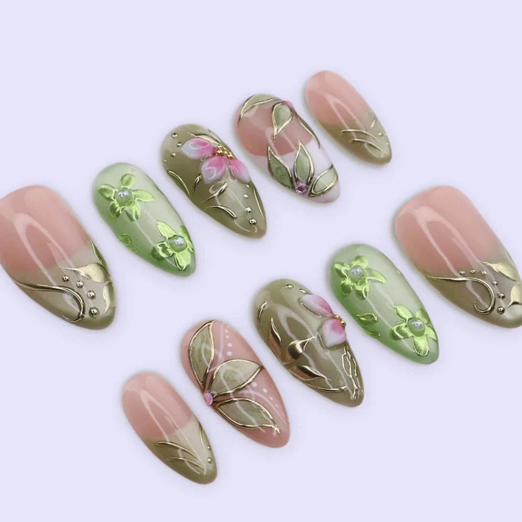 Handmade Green press on nails with Botanical Floral & Gold, Medium Almond luxury handmade nail art, false nails, pressons — perfect for Holiday, Vacation, Birthday