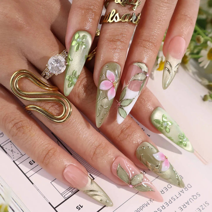 Handmade Green press on nails with Botanical Floral & Gold, Long Almond luxury handmade nail art, false nails, pressons — perfect for Holiday, Vacation, Birthday