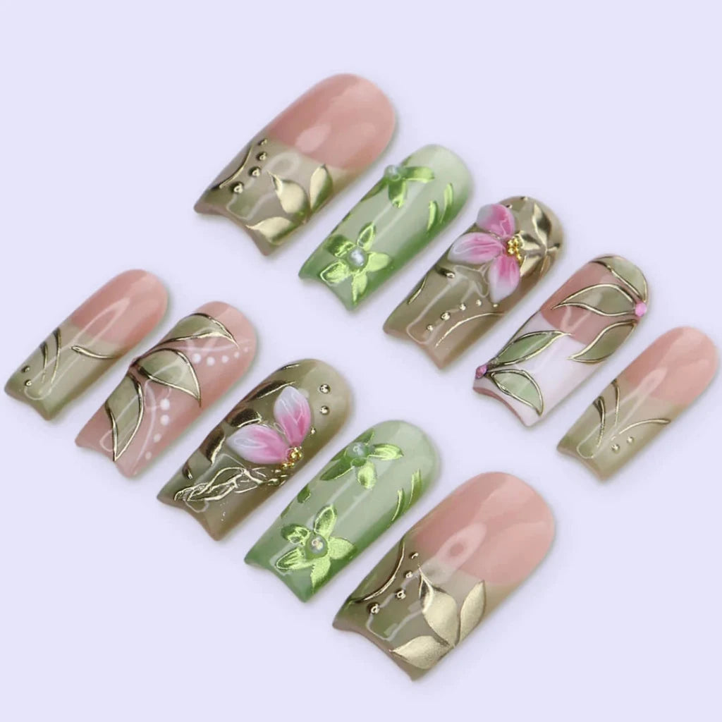 Handmade Green press on nails with Botanical Floral & Gold, Medium Square luxury handmade nail art, false nails, pressons — perfect for Holiday, Vacation, Birthday