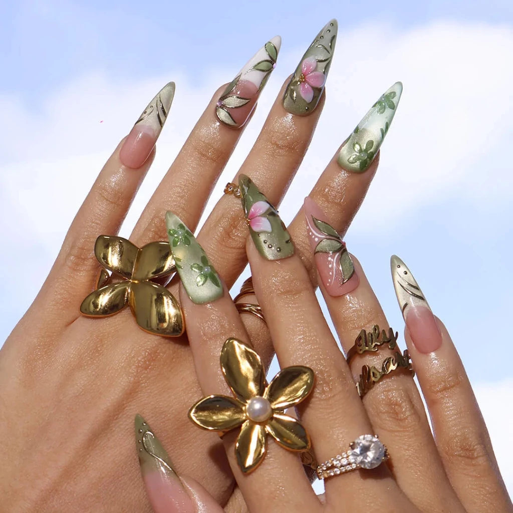 Handmade Green press on nails with Botanical Floral & Gold, Long Almond luxury handmade nail art, false nails, pressons — perfect for Holiday, Vacation, Birthday