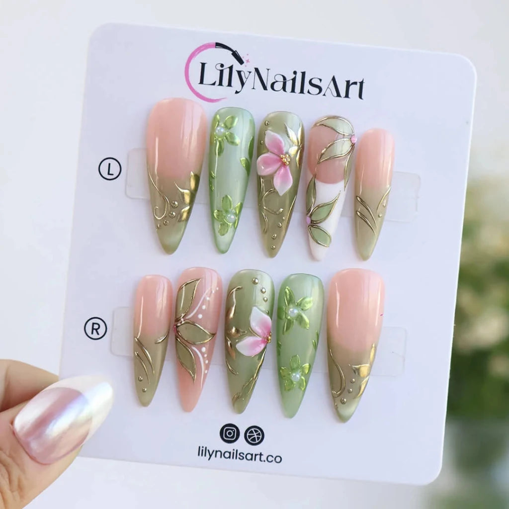 Handmade Green press on nails with Botanical Floral & Gold, Long Almond luxury handmade nail art, false nails, pressons — perfect for Holiday, Vacation, Birthday