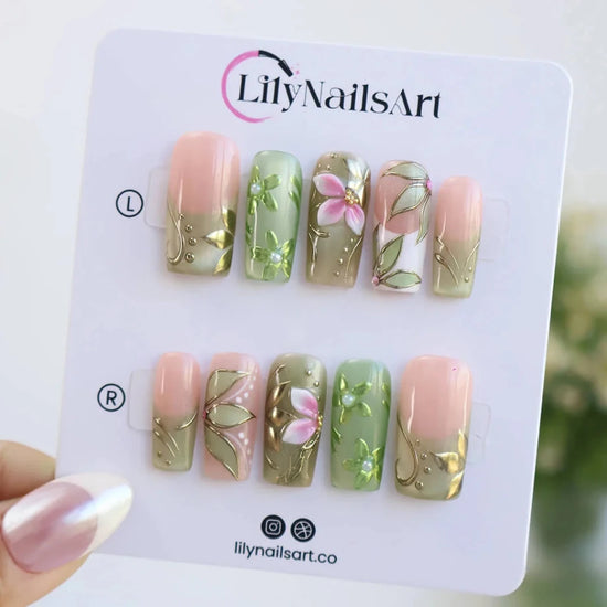 Handmade Green press on nails with Botanical Floral & Gold, Medium Square luxury handmade nail art, false nails, pressons — perfect for Holiday, Vacation, Birthday