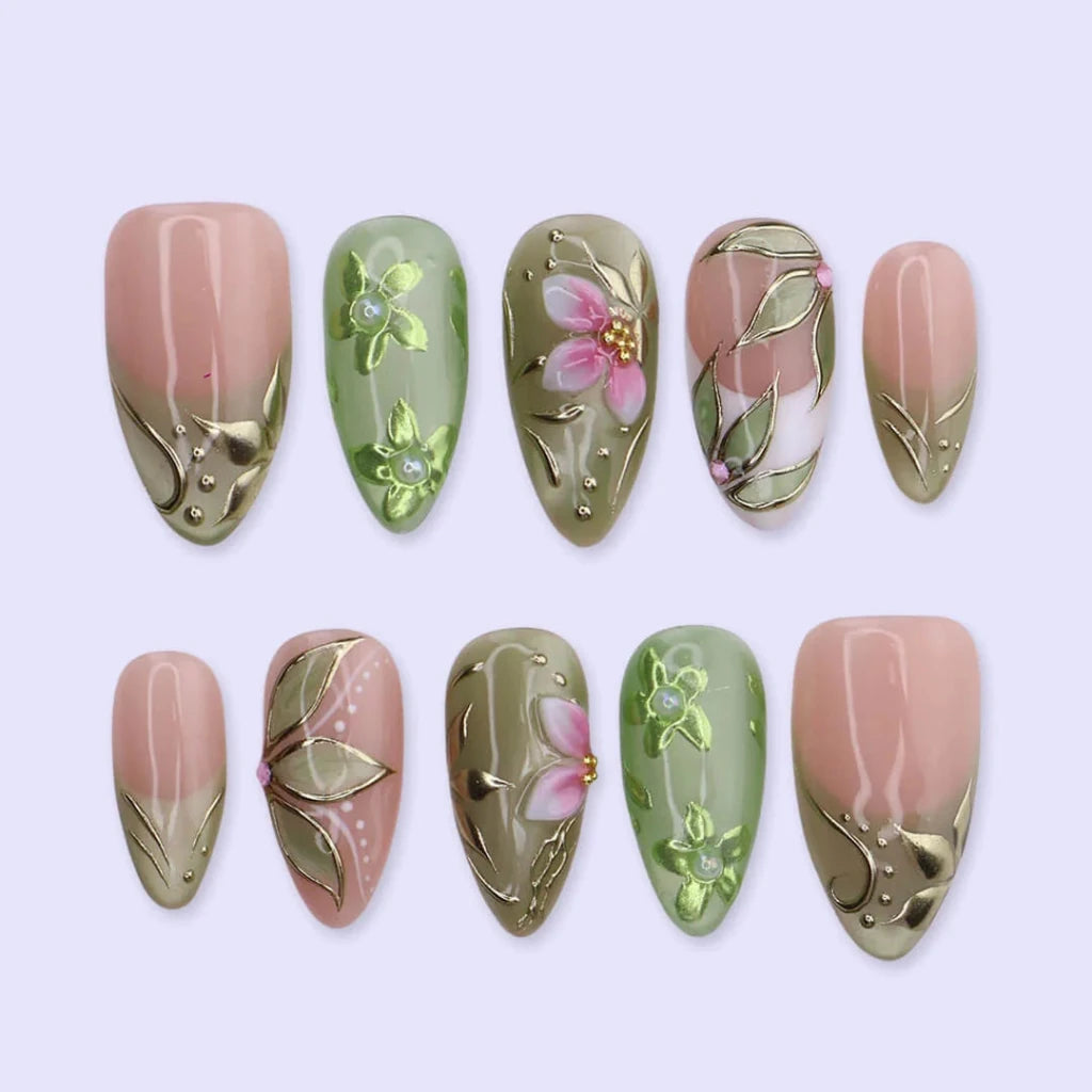 Handmade Green press on nails with Botanical Floral & Gold, Medium Almond luxury handmade nail art, false nails, pressons — perfect for Holiday, Vacation, Birthday