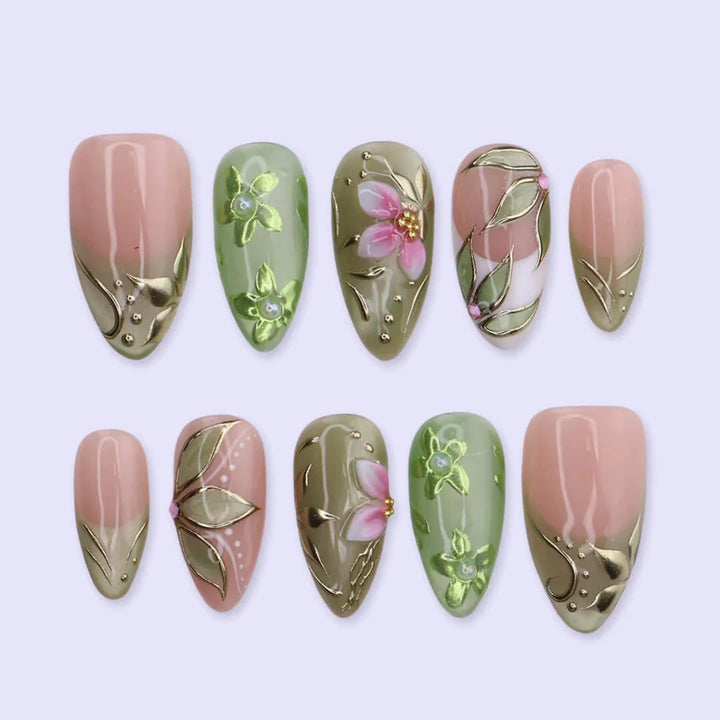 Handmade Green press on nails with Botanical Floral & Gold, Medium Almond luxury handmade nail art, false nails, pressons — perfect for Holiday, Vacation, Birthday