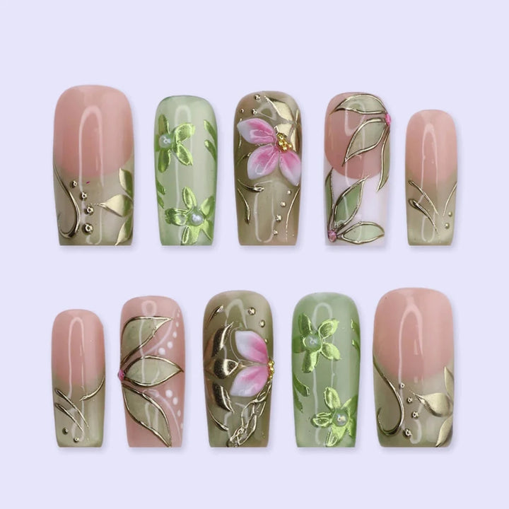 Handmade Green press on nails with Botanical Floral & Gold, Medium Square luxury handmade nail art, false nails, pressons — perfect for Holiday, Vacation, Birthday
