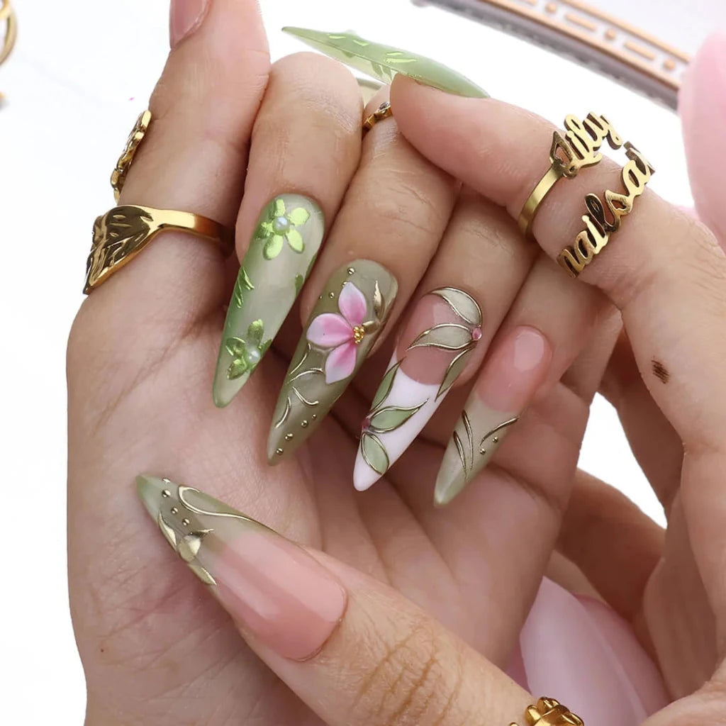 Handmade Green press on nails with Botanical Floral & Gold, Long Almond luxury handmade nail art, false nails, pressons — perfect for Holiday, Vacation, Birthday