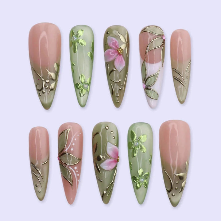Handmade Green press on nails with Botanical Floral & Gold, Long Almond luxury handmade nail art, false nails, pressons — perfect for Holiday, Vacation, Birthday
