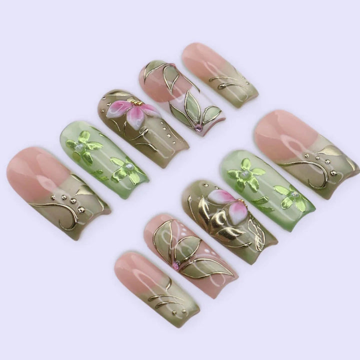 Handmade Green press on nails with Botanical Floral & Gold, Medium Square luxury handmade nail art, false nails, pressons — perfect for Holiday, Vacation, Birthday