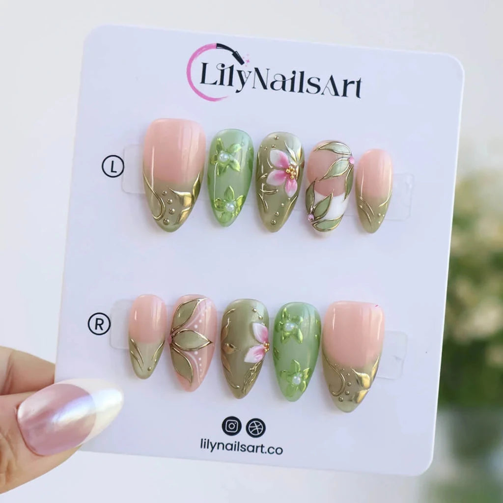 Handmade Green press on nails with Botanical Floral & Gold, Medium Almond luxury handmade nail art, false nails, pressons — perfect for Holiday, Vacation, Birthday