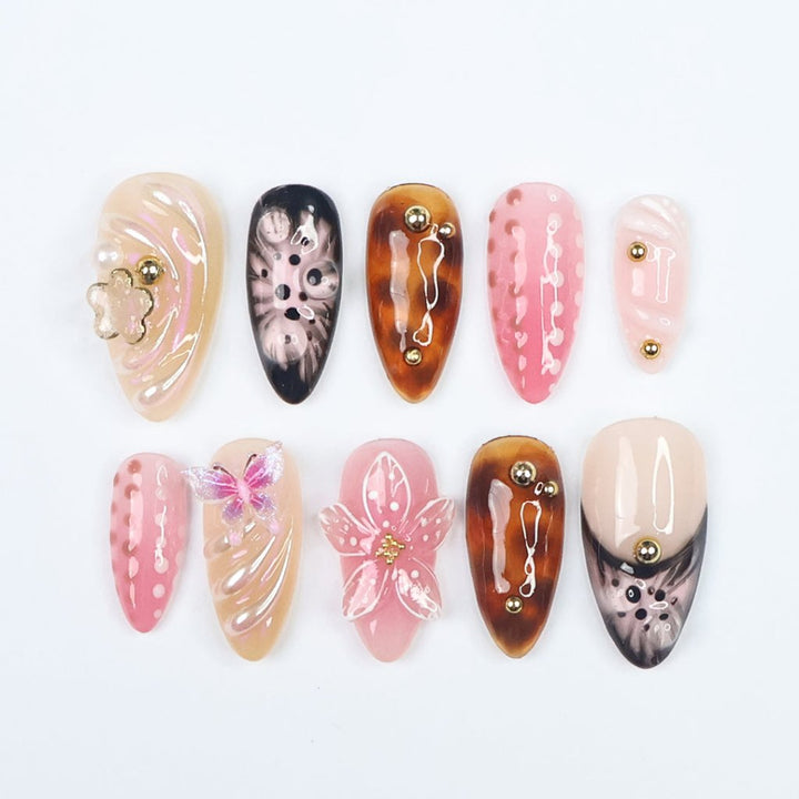 Tiger lily press on nails pink press on nails flower nails nail artist press on  butterfly nails beautiful nail nail glue front shot black presson nails Brown presson nails