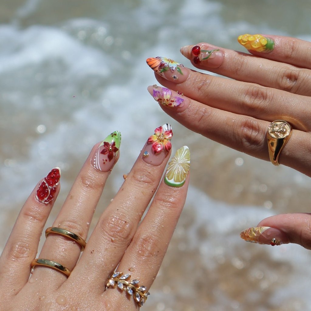 3D tropical summer press on nails with fruit and floral designs, featuring cherries, strawberries, lime, mango, and exotic flowers in vivid colors, adorned with gold studs and seashell textures — summer vacation nails, tropical press on nails, custom handmade nail art, fake nails, false nails, pressons — perfect for beach getaways, holiday parties, or gifting for her.