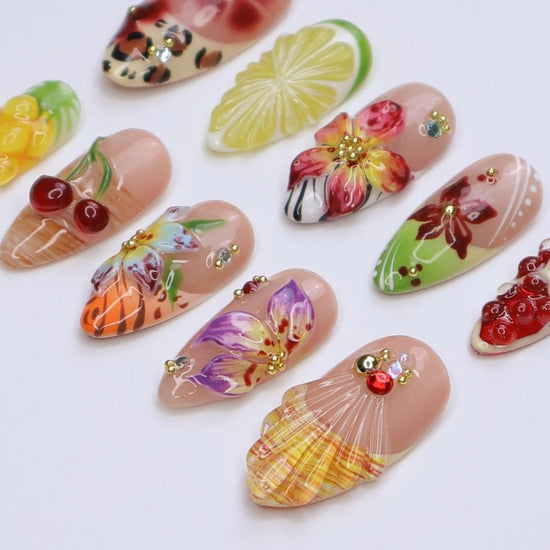 3D tropical summer press on nails with fruit and floral designs, featuring cherries, strawberries, lime, mango, and exotic flowers in vivid colors, adorned with gold studs and seashell textures — summer vacation nails, tropical press on nails, custom handmade nail art, fake nails, false nails, pressons — perfect for beach getaways, holiday parties, or gifting for her.

